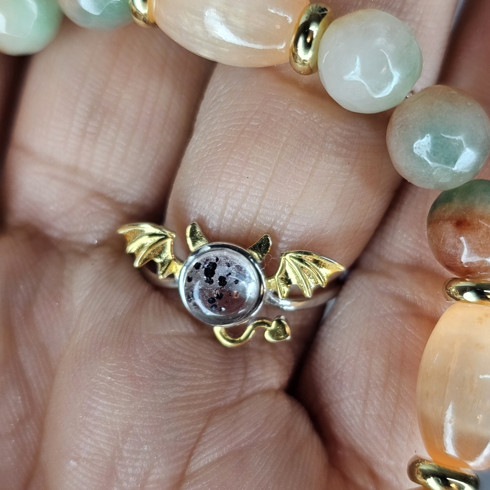 New 925 SS Gold-Plated Bat Wing Ring with A Garden Quartz